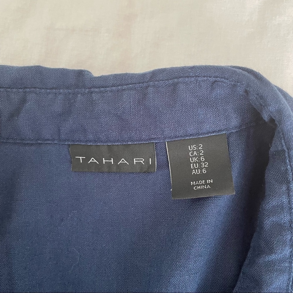 Tahari SZ 2 100% Linen Shirt Dress Navy blue fit flair - Picture 7 of 8